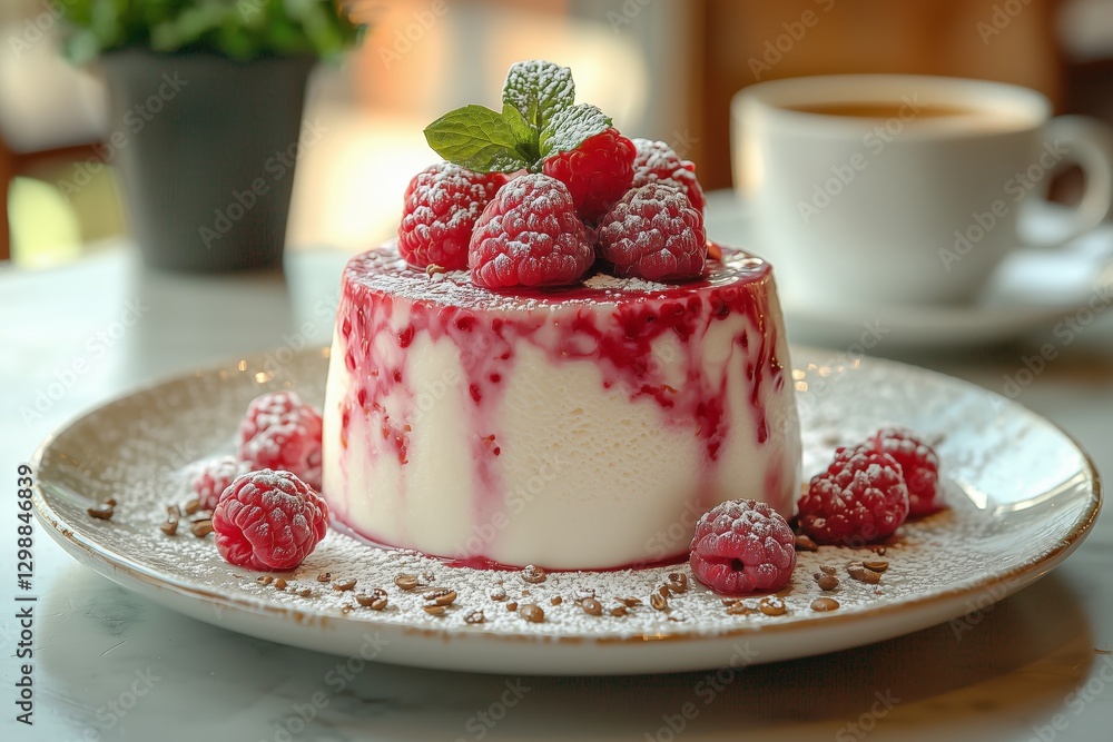 A smooth vanilla bean panna cotta with a raspberry swirl, placed on a cafe table with a hot espresso A smooth vanilla bean panna cotta with a raspberry swirl, placed on a cafe table with a hot espresso