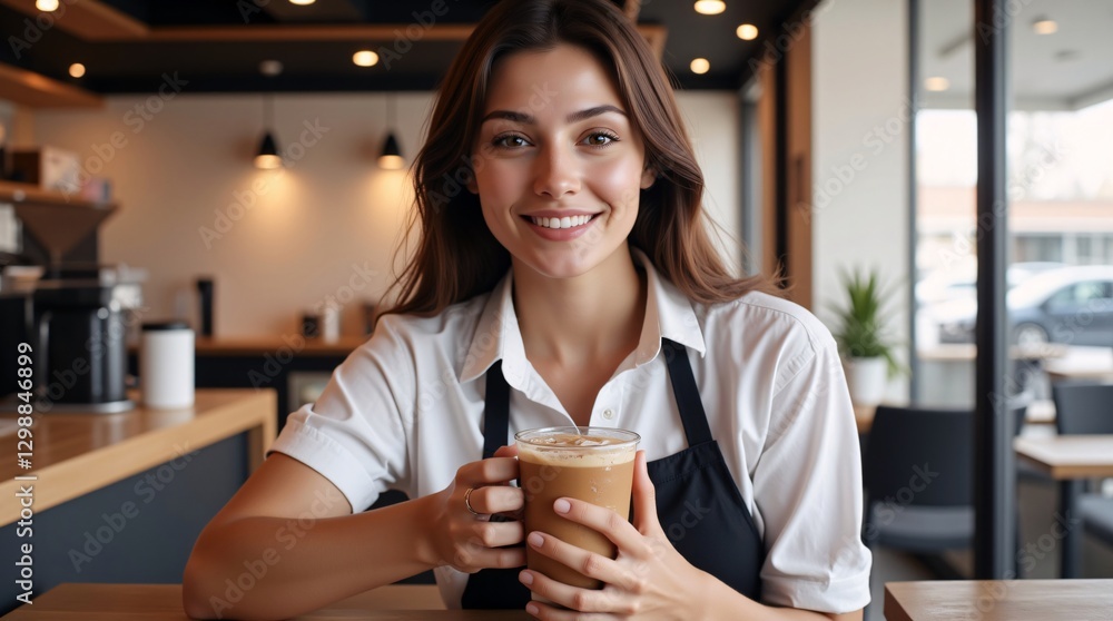 Smiling barista holding a coffee, cafe background. Warm lighting, inviting atmosphere. Perfect moment captured! Smiling barista holding a coffee, cafe background. Warm lighting, inviting atmosphere. Perfect moment captured!