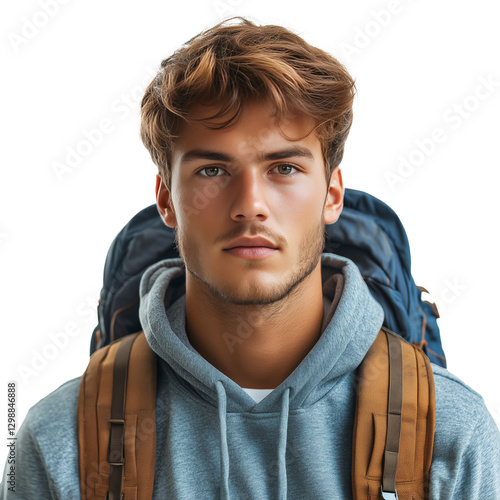 Young Hiker With Backpack Preparing for Outdoor Adventure in Natural Surround...
