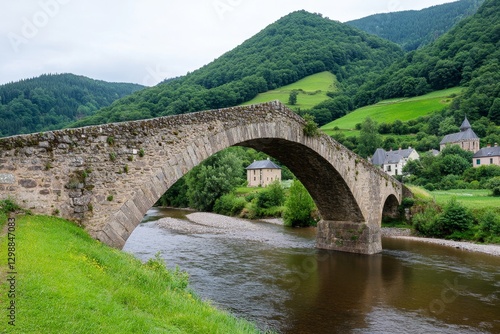 A medieval stone bridge arching over a slow-moving river, surrounded by ivy-covered ruins