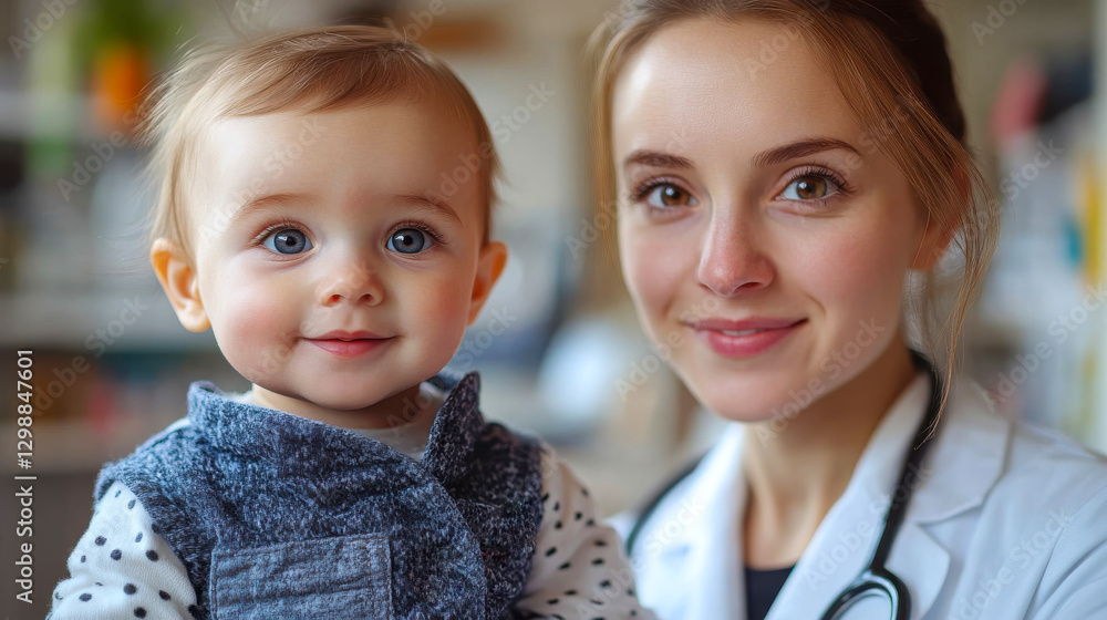 A pediatrician smiling beside a happy baby in a medical office, representing child healthcare A pediatrician smiling beside a happy baby in a medical office, representing child healthcare