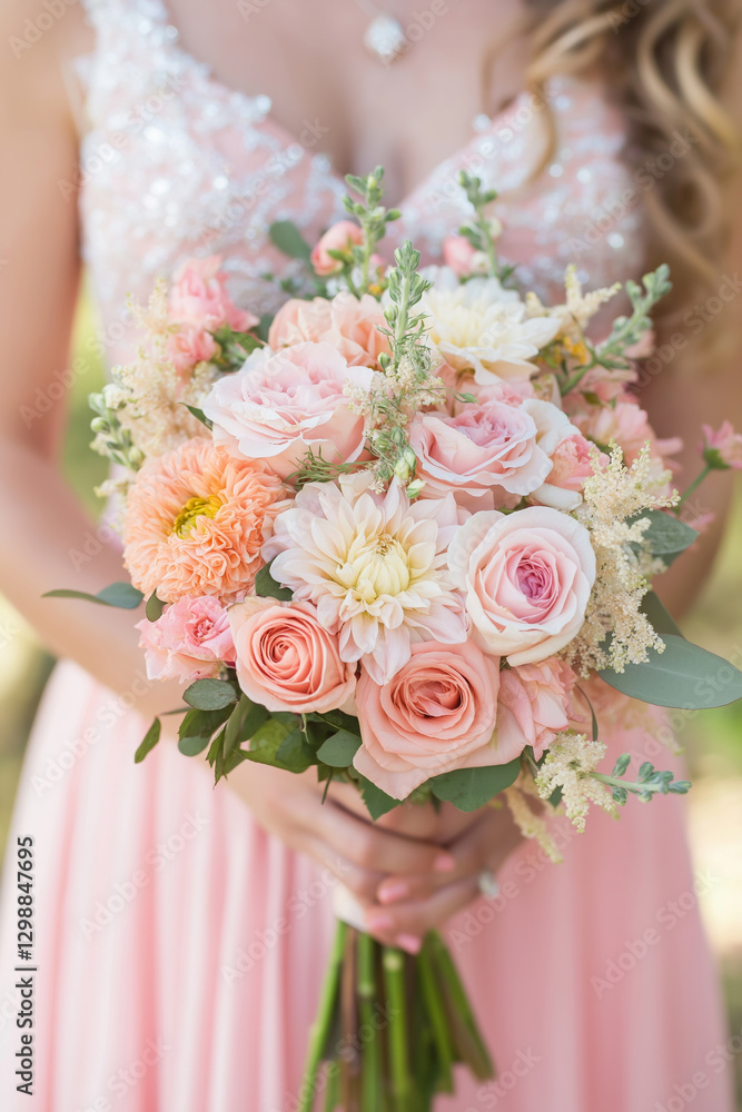 An elegant bouquet of soft pink flowers held delicately in hands. An elegant bouquet of soft pink flowers held delicately in hands.