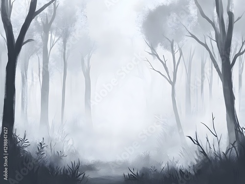 Foggy forest scene in grayscale, with tall, bare trees fading into the mist, creating a sense of depth and mystery photo