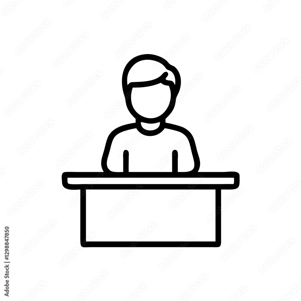 Student sitting at school desk front view icon in black outline style Student sitting at school desk front view icon in black outline style