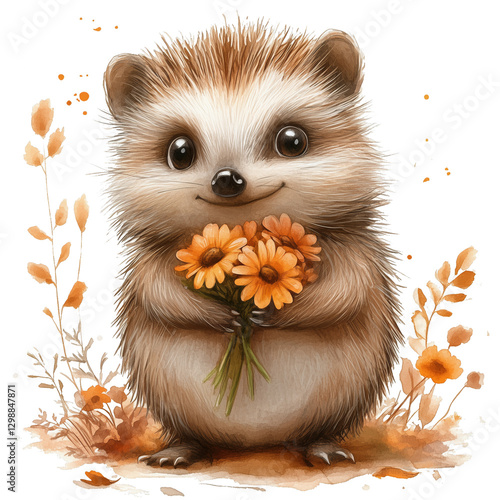 Cute Hedgehog Holding Flowers in Autumn Setting With Orange Foliage and Cheer...