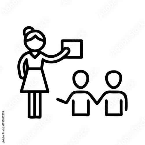 Female teacher instructing students icon in black outline style