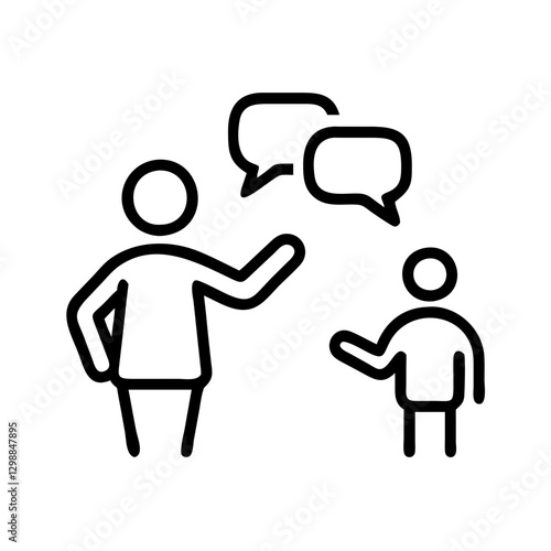 Adult and child communication icon in black outline style teacher talking to parents