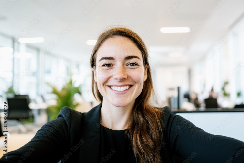 Confident young businesswoman in a black blazer taking a cheerful selfie in a bright modern office with coworkers in background
