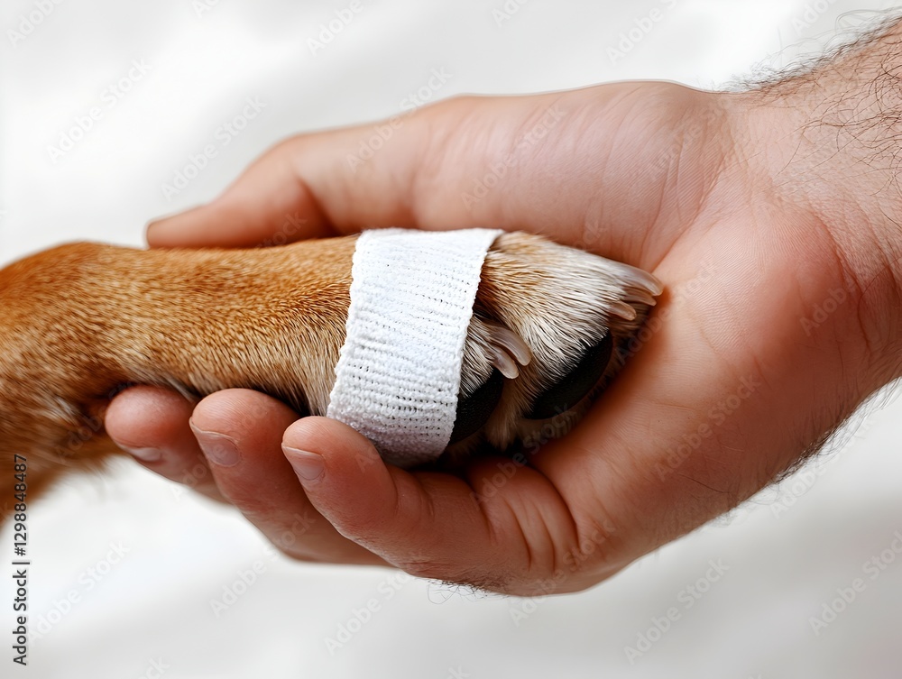 Obraz premium Human hands gently wrapping a dogs paw in a piece of paper for safety and care