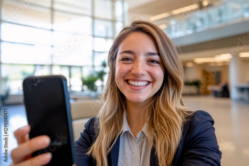 Smiling young woman in business attire taking a selfie in office lobby Free Download Smiling young woman in business attire taking a selfie in office lobby - GFXLoad