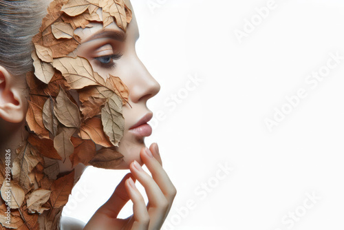 A woman's face emerging from dry, withered leaves, symbolizing damaged skin isolated