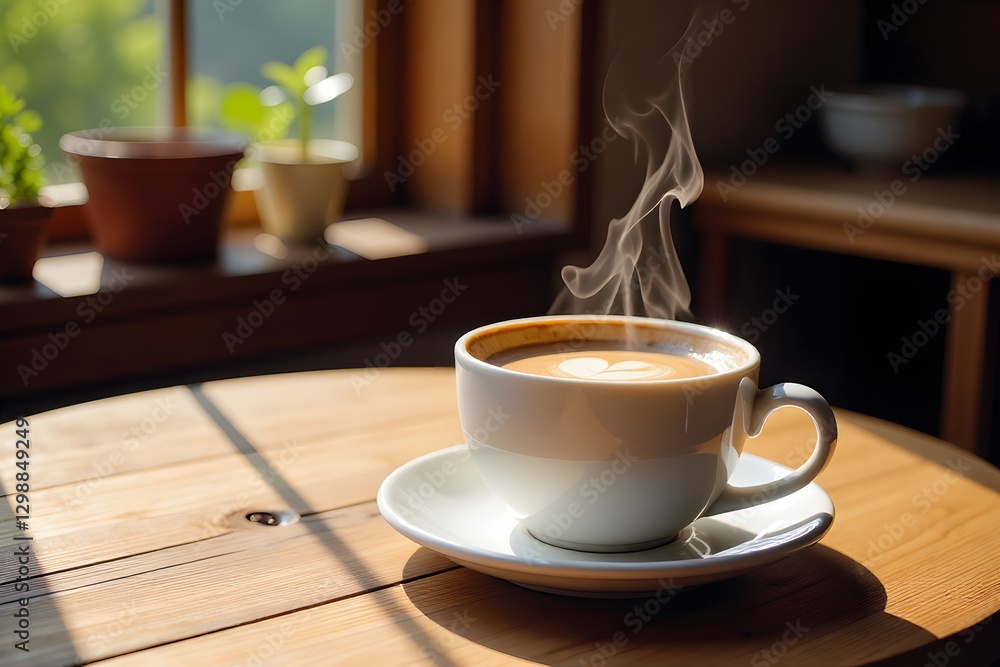 Obraz premium Steaming Cup of Coffee on Rustic Wooden Table