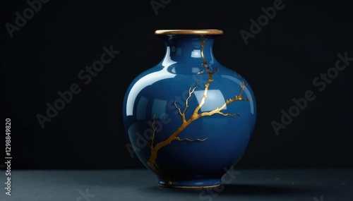 Golden seams in blue kintsugi vase against dark background, contrast, kintsugi, vase