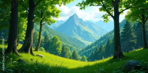 Lush green forest with tall trees in Ural mountains summer, green, mountains, flora
