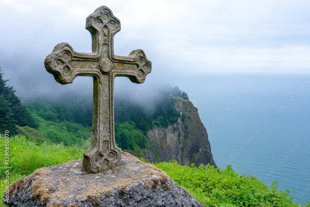 A mysterious cliffside graveyard with fog rolling in from the sea A mysterious cliffside graveyard with fog rolling in from the sea