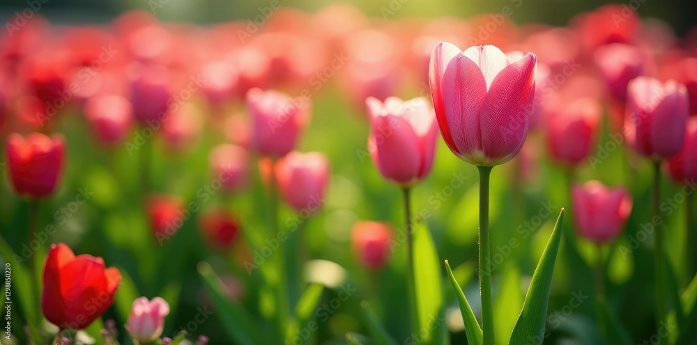 Pink tulips in a lush green meadow with a few red ones nearby, wildflowers, floral landscape, Pink tulips in a lush green meadow with a few red ones nearby, wildflowers, floral landscape,