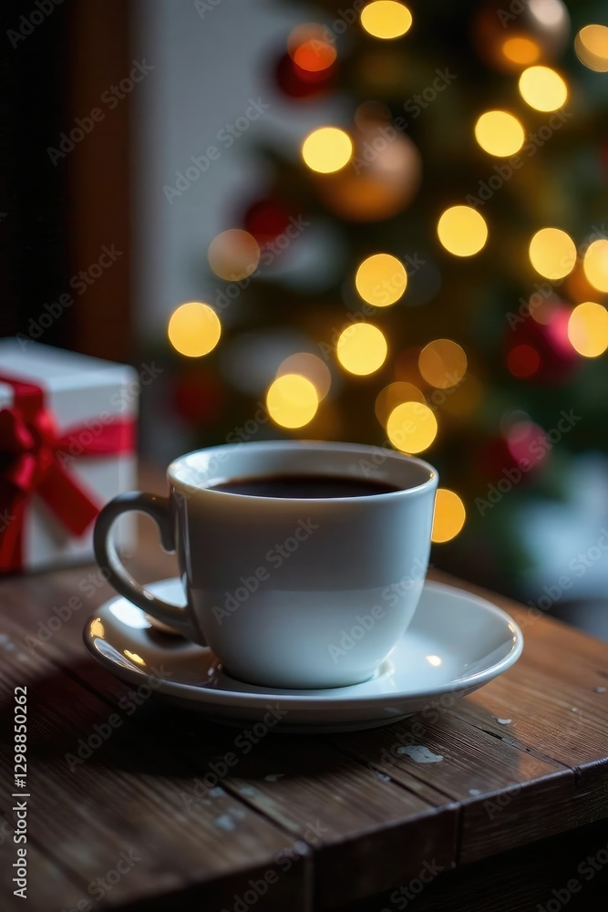 Obraz premium Single coffee cup in a festive Christmas lighting scene, winter, festive, glow