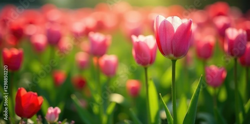 Pink tulips in a lush green meadow with a few red ones nearby, wildflowers, floral landscape,