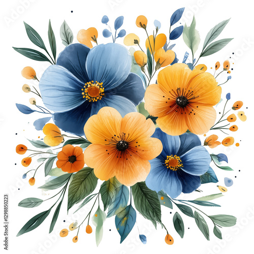 Bright Floral Arrangement of Blue and Orange Flowers With Green Leaves in a W...