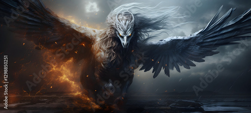 a Pegasus and a monster in rain Storm, ai generative