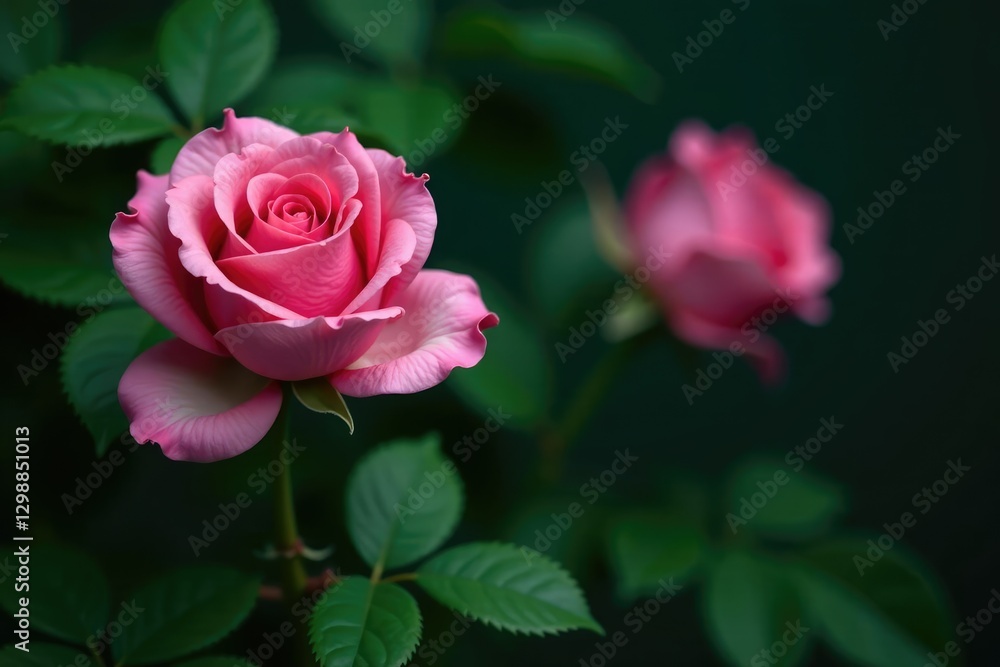 Single pink rose on a dark, rich green background, botanical, foliage Single pink rose on a dark, rich green background, botanical, foliage