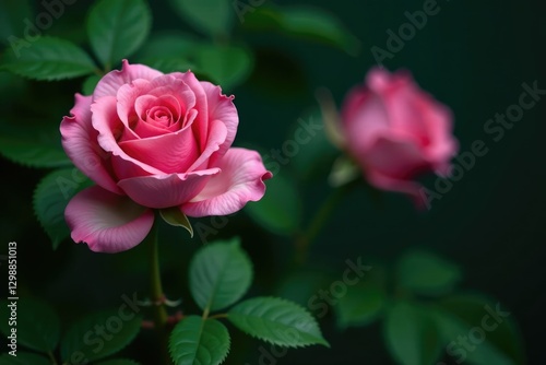 Wallpaper Mural Single pink rose on a dark, rich green background, botanical, foliage Torontodigital.ca