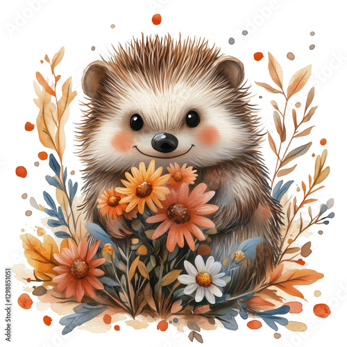 Cute Hedgehog Holding Flowers in a Colorful Floral Arrangement During a Sunny...