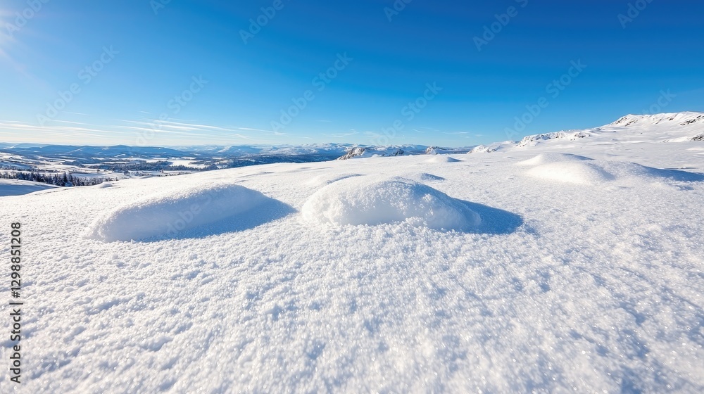 Snowy mountain landscape, winter sunlight, clear sky, snowdrifts Snowy mountain landscape, winter sunlight, clear sky, snowdrifts