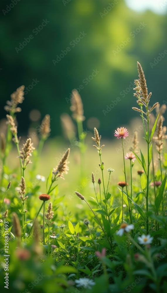 Tall grasses and wildflowers swaying in the breeze, branches, leaves, undergrowth Tall grasses and wildflowers swaying in the breeze, branches, leaves, undergrowth