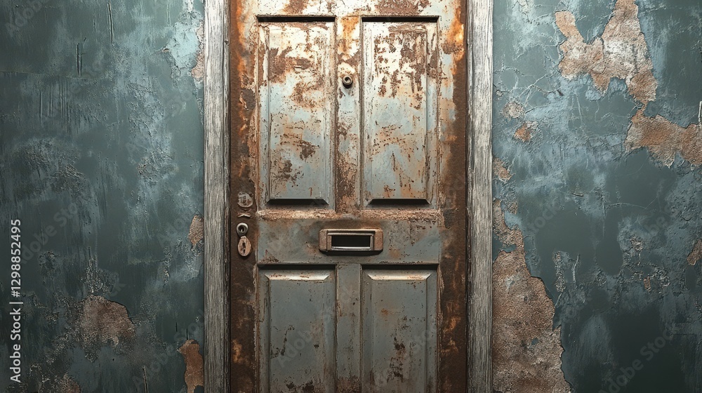 Rusty Metal Door in a Decaying Building Wall Rusty Metal Door in a Decaying Building Wall