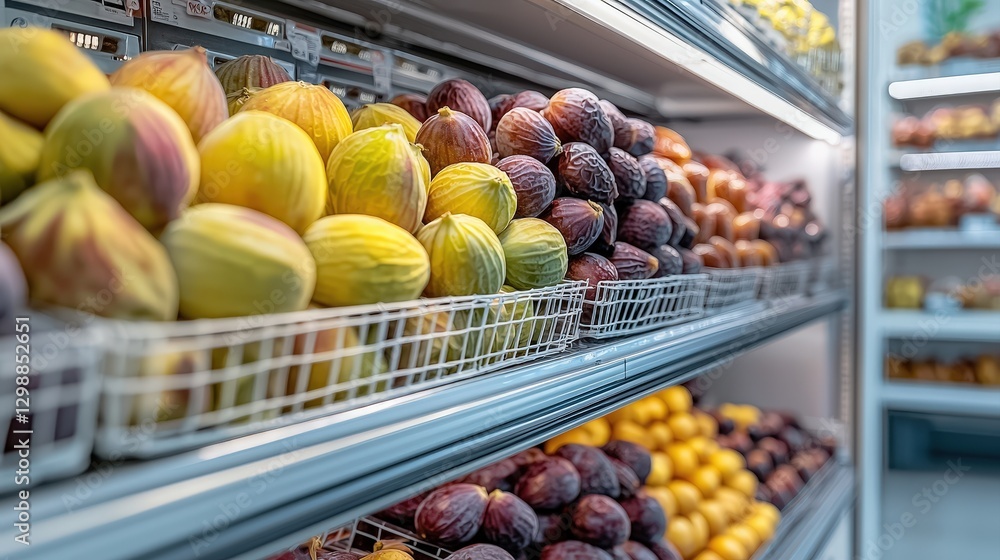 Optimizing Storage for Food Safety and Quality Assurance concept. Fresh and Colorful Assortment of Fruits Displayed on Shelves in a Modern Grocery Store Optimizing Storage for Food Safety and Quality Assurance concept. Fresh and Colorful Assortment of Fruits Displayed on Shelves in a Modern Grocery Store