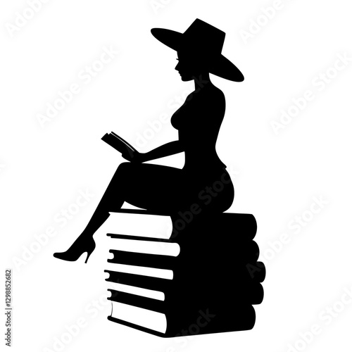 a young age woman reading book sitting on the books vector silhouette