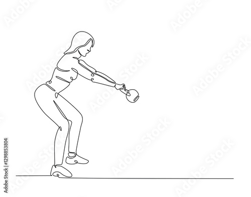Young woman lifting kettlebell simple line art illustration. Continuous one line draw of woman workout using kettlebell.