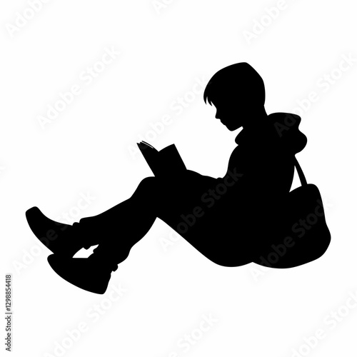 A Teenage Boy reading book sitting on the ground vector silhouette