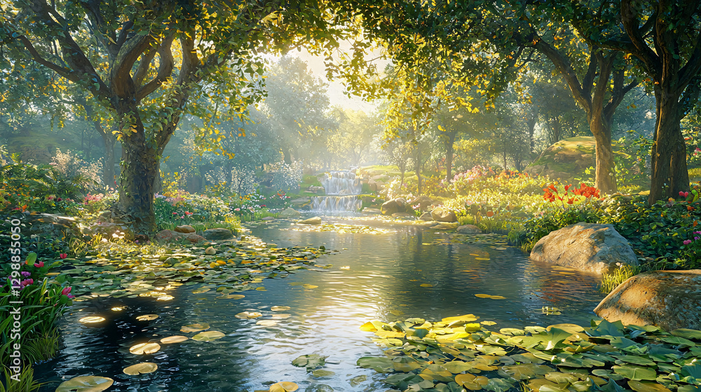 Fototapeta premium Enchanting Forest Oasis with Sunlit Waterfall and Blooming Flowers