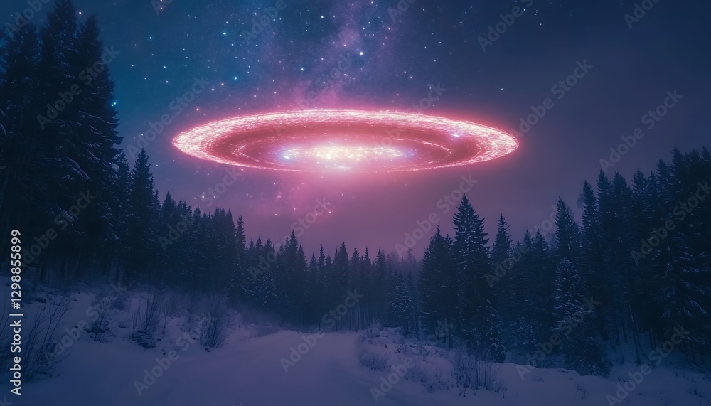 A glowing ring of light hovers above a forest at night A glowing ring of light hovers above a forest at night