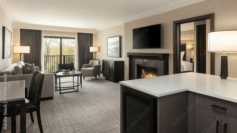 Fototapeta premium A spacious hotel suite with an open-concept layout, including a fully equipped kitchenette, dining area, and a cozy living space with a fireplace.