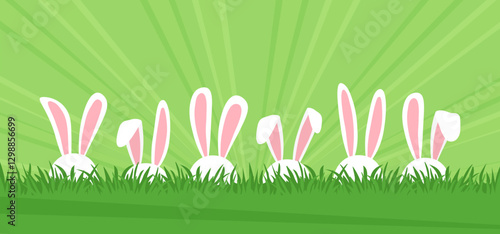 Easter border grass with bunny ears, egg hunt, spring rabbit. Cartoon green field and hare. Holiday banner meadow and cute animal bg. Funny vector illustration
