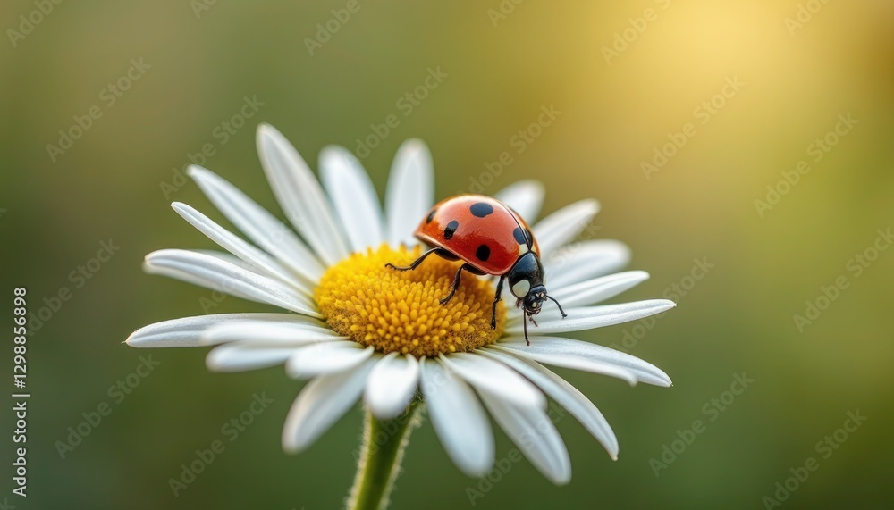 Fototapeta premium red ladybug on chamomile flower, ladybird creeps on stem of plant in spring in garden in summer