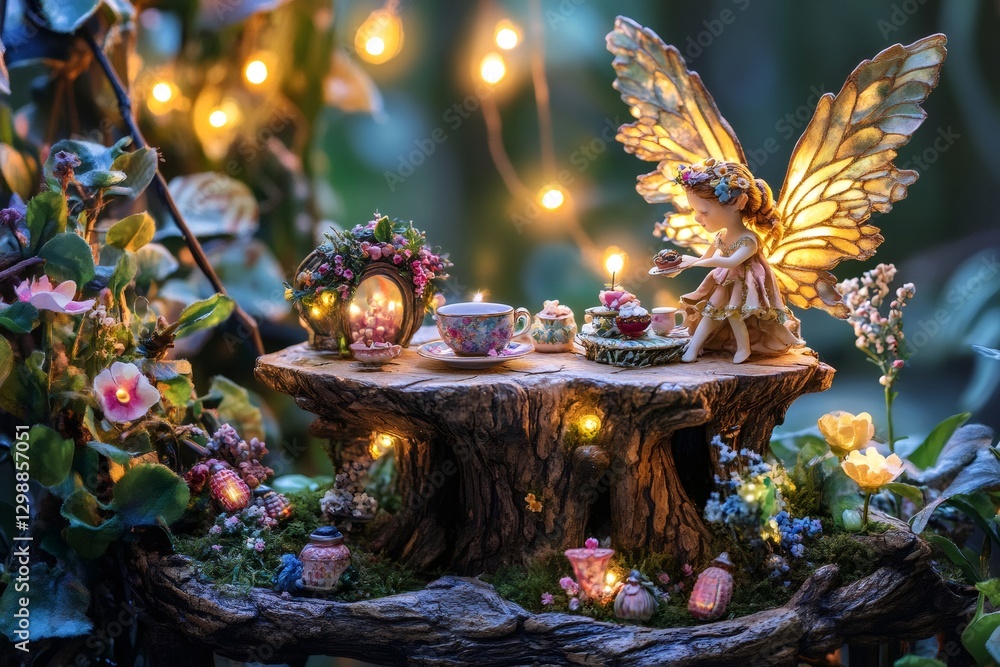 Obraz premium Fairy serves tea and cakes on a miniature table in an enchanted forest setting, surrounded by glowing lights and flowers