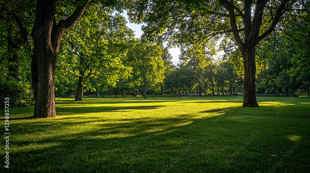 Sunlit Green Park with Majestic Trees and Vibrant Grass