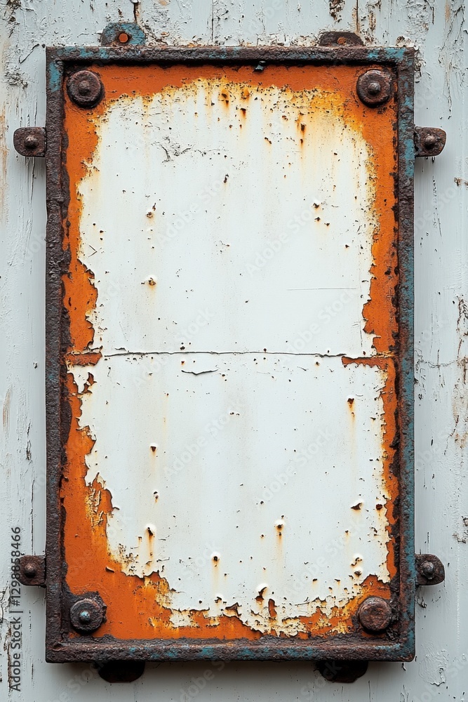 Naklejka premium Rusty metal sign with faded white surface and orange corrosion on a weathered wall in an urban setting