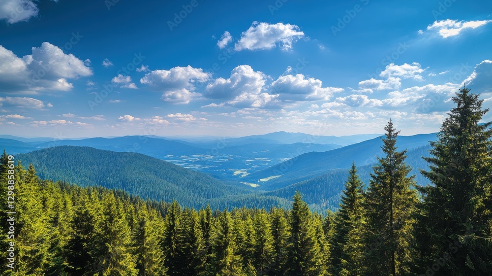 Lush green forests with rolling hills under a bright blue sky on a sunny day Lush green forests with rolling hills under a bright blue sky on a sunny day