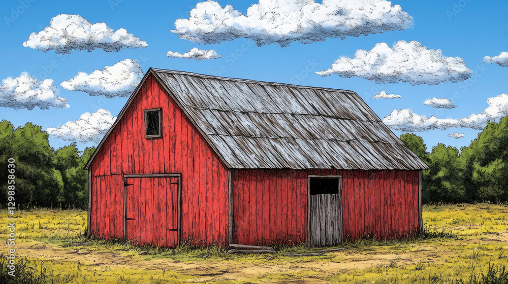 Scenic View of a Rustic Red Barn under a Blue Sky with Fluffy Clouds, Countryside Architecture Scenic View of a Rustic Red Barn under a Blue Sky with Fluffy Clouds, Countryside Architecture