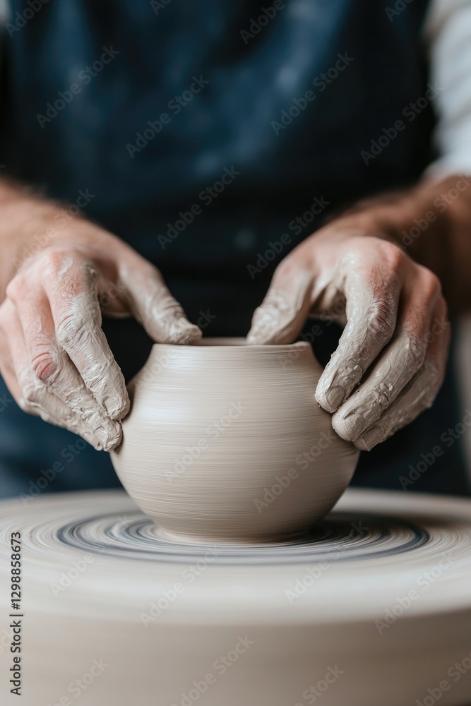 close-up of potter hands molding wet clay on spinning wheel close-up of potter hands molding wet clay on spinning wheel