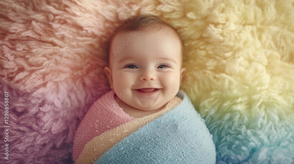 happy baby wrapped in rainbow blanket