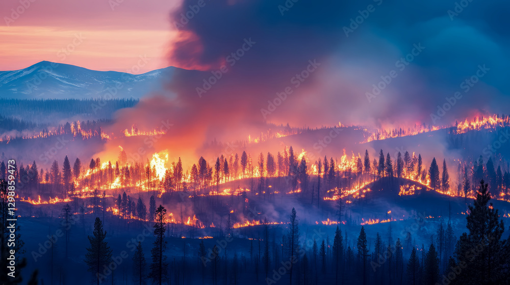 Naklejka premium A Catastrophic Blaze: A Wildfire Consumes a Mountain Forest at Dusk
