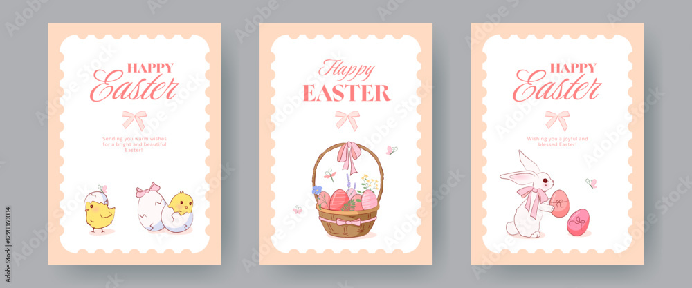 Set of Happy Easter banners, greeting card templates. Hand drawn posters with cute illustrations of easter chicks, bunny, eggs, wicker basket and trendy typography. Holiday design, postcard collection Set of Happy Easter banners, greeting card templates. Hand drawn posters with cute illustrations of easter chicks, bunny, eggs, wicker basket and trendy typography. Holiday design, postcard collection