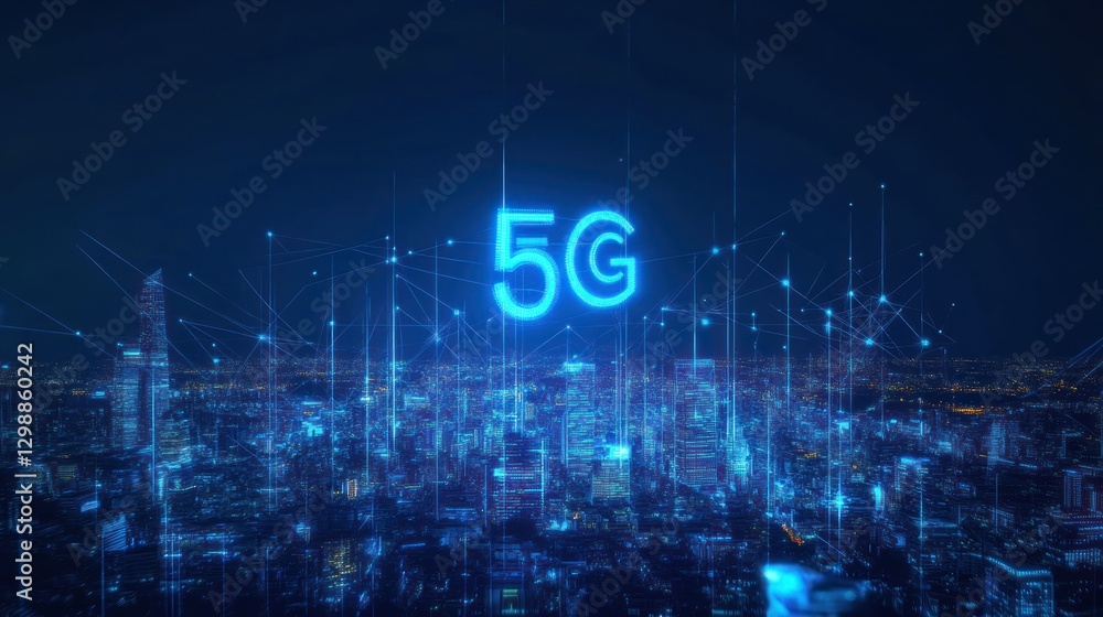 Fototapeta premium Futuristic 5G Network Over Night Cityscape
