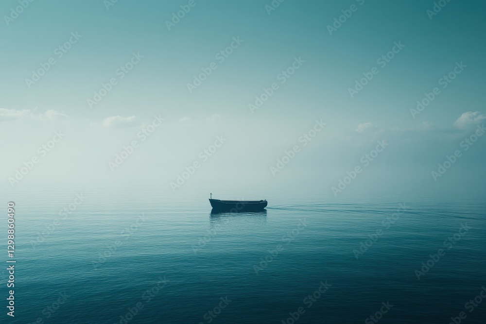 Obraz premium Small boat on a calm, misty sea. Ideal for themes of solitude, peace, and travel.